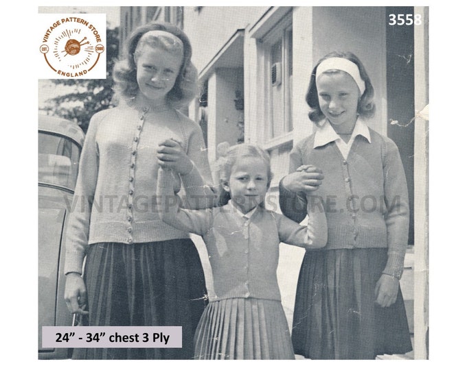 Girls 50s vintage plain and simple easy to knit 3 ply V or round neck raglan cardigan pdf knitting pattern 24" to 34" Instant Download 3558