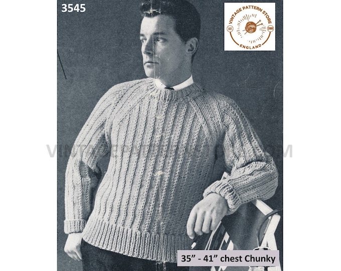 Mens Mans 50s vintage chunky easy to knit round neck rib ribbed raglan sweater jumper pullover pdf knitting pattern 35" to 41" Download 3545