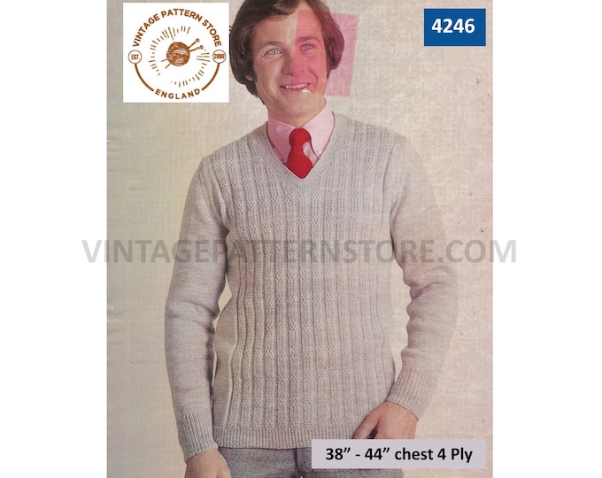 Mens Mans 70s vintage 4 ply V neck cable cabled raglan sweater jumper pullover pdf knitting pattern 38" to 44" chest PDF Download 4246