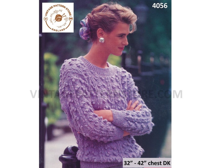 Ladies Womens 90s round neck drop shoulder bobble cable cabled DK sweater jumper pdf knitting pattern 32" to 42" download 4056