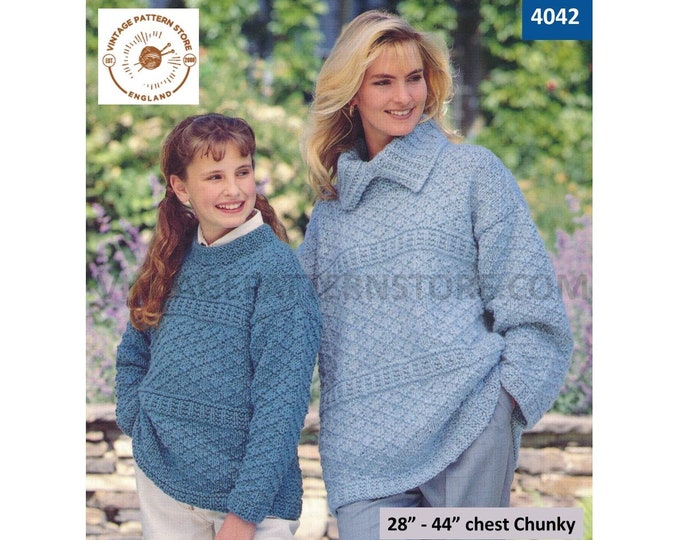 Ladies Womens Girls 90s chunky knit crew neck or split collar drop shoulder dolman sweater pdf knitting pattern 28" to 44" download 4042