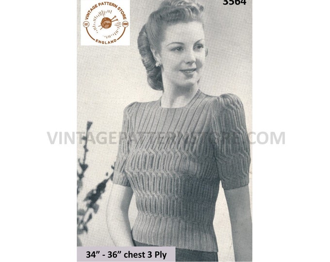 Ladies Womens 40s vintage square neck short sleeve cable cabled 3 ply Summer sweater jumper pdf knitting pattern 34" to 36" download 3564