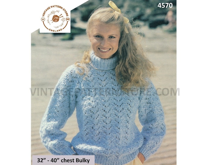 Womens 80s vintage polo neck turtleneck bold lacy chevron eyelet lace raglan sweater jumper pdf knitting pattern 32" to 40" Download 4570