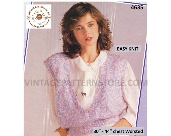 Womens 90s fun quick and easy to knit low cut V neck worsted sleeveless sweater vest jumper pdf knitting pattern 30" to 44" Download 4635