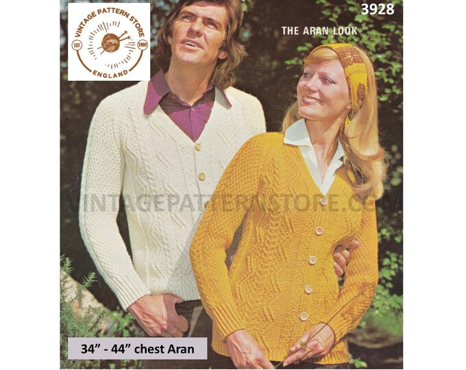 Ladies Womens Mens 70s vintage V neck cable cabled raglan aran cardigan jacket pdf knitting pattern 34" to 44" chest Instant download 3928