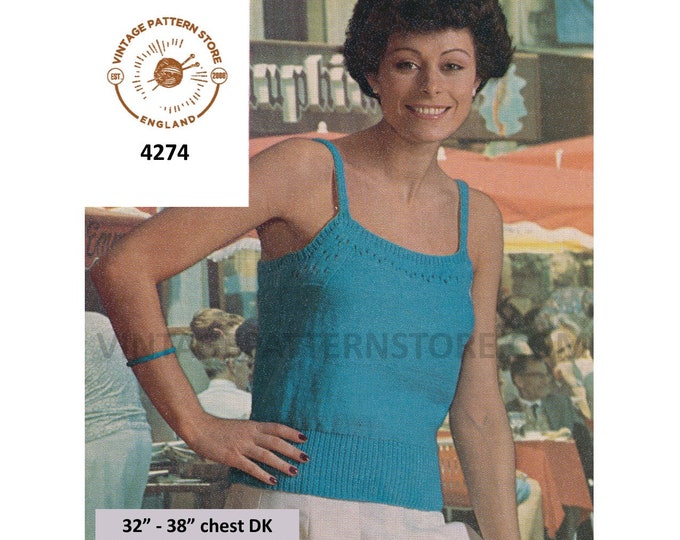 Ladies Womens 70s vintage DK strappy lace edged lacy slipover sweater vest summer top pdf knitting pattern 32" to 38" chest Download 4274