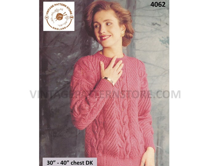 Ladies Womens 90s round neck drop shoulder leaf cable cabled lacy DK dolman sweater jumper pdf knitting pattern 30" to 40" Download 4060
