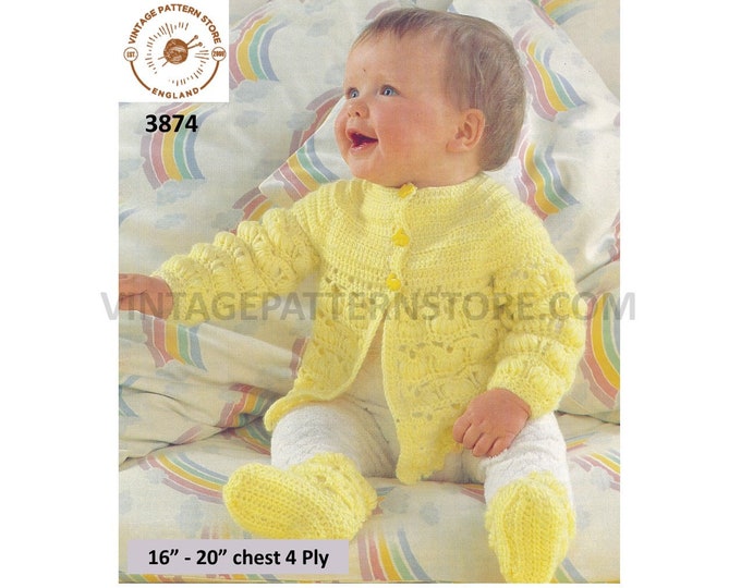 Baby Babies 80s vintage round neck contrast yoke scallop lace matinee coat jacket booties pdf crochet pattern 16" to 20" chest download 3874
