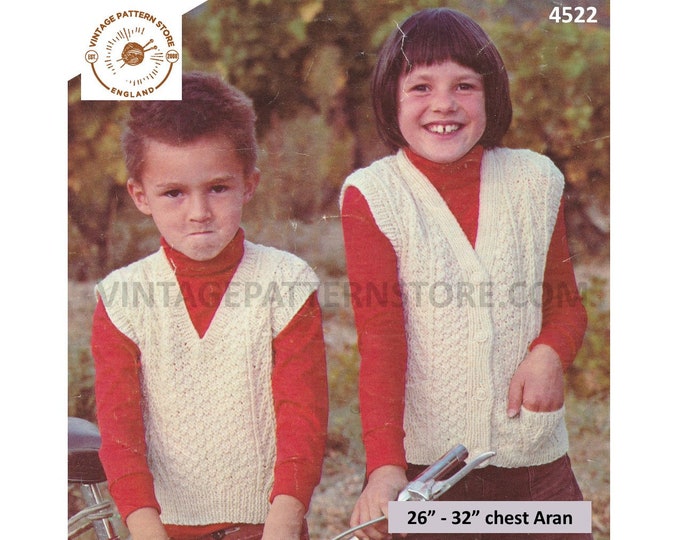 Boys Girls 80s vintage V neck cabled cable & texture cap sleeve aran slipover and waistcoat pdf knitting pattern 26" to 32" Download 4522