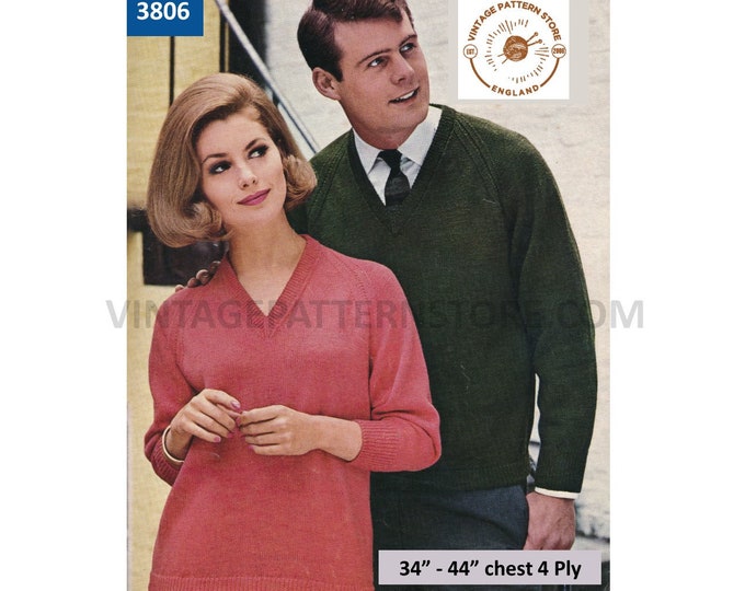 Ladies Womens Mens 70s plain and simple easy to knit 4 ply V neck raglan sweater jumper pdf knitting pattern 34" to 44" PDF download 3806