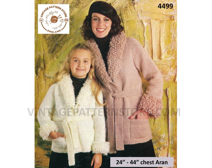 Ladies Womens Girls 70s vintage loopy shawl collar V neck belted raglan aran jacket coat pdf knitting pattern 24" to 44" PDF Download 4499