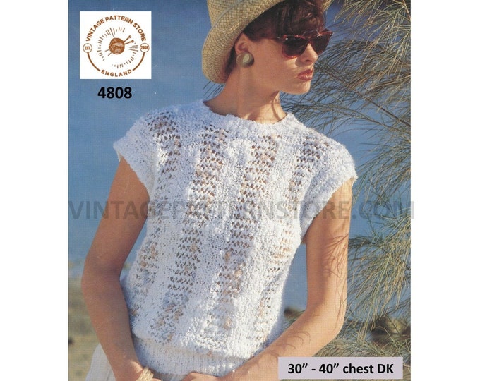 Ladies Womens 90s DK round neck cap sleeve lacy lace panel slipover sweater vest summer top pdf knitting pattern 30" to 40" Download 4808