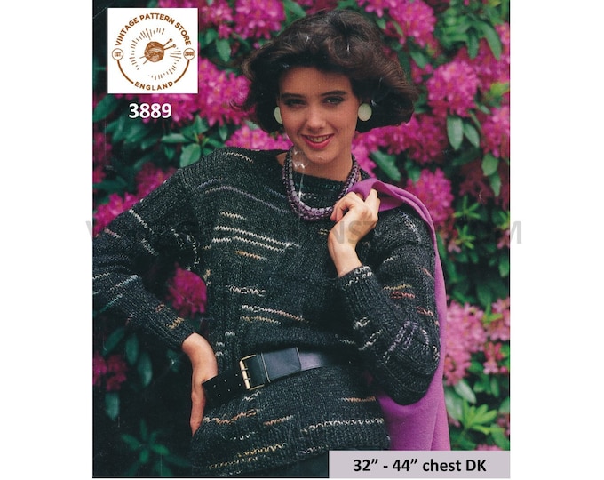 Womens Ladies 90s DK round neck ribbed rib panel drop shoulder dolman sweater jumper pdf knitting pattern 32" to 44" chest download 3889