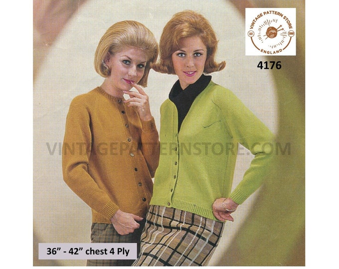 Ladies Womens 60s vintage 4 ply V or round neck simple and easy to knit raglan cardigan pdf knitting pattern 36" to 42" bust Download 4176