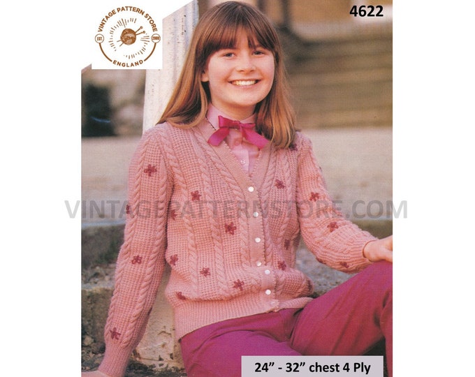 Girls 80s vintage 4 ply V neck twist cable & texture panel floral embroidered raglan cardigan pdf knitting pattern 24" to 32" Download 4622