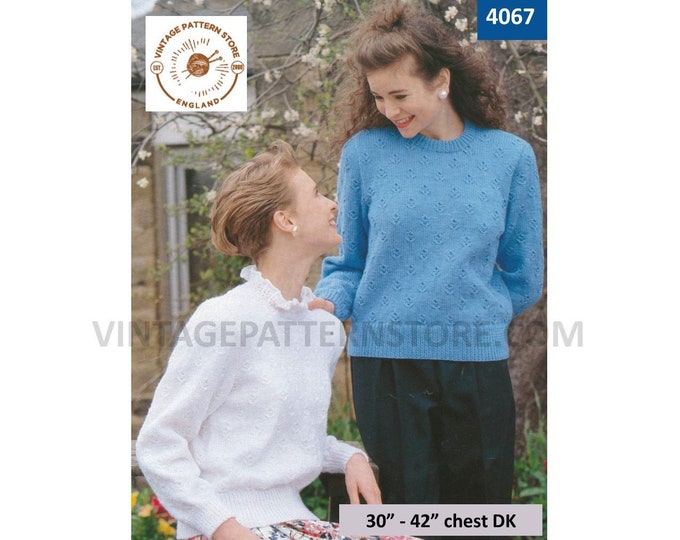Ladies Womens 90s frill collar or round neck textured raglan DK sweater jumper pullover pdf knitting pattern 30" to 42" chest download 4067