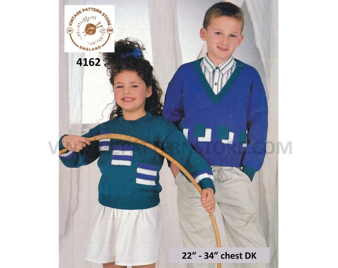 Boys Girls 90s round and V neck drop shoulder DK dolman intarsia sweater jumper with pockets pdf knitting pattern 22" to 34" Download 4162