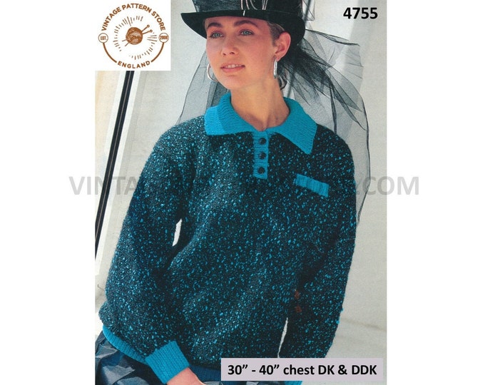 Ladies Womens 90s DK and DDK collared shirt neck drop shoulder raglan sweater jumper pullover pdf knitting pattern 30" to 40" Download 4755