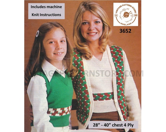 Ladies Womens Girls 70s fair isle banded sweater vest tank top and waistcoat pdf hand & machine knitting pattern 28" to 40" Download 3652