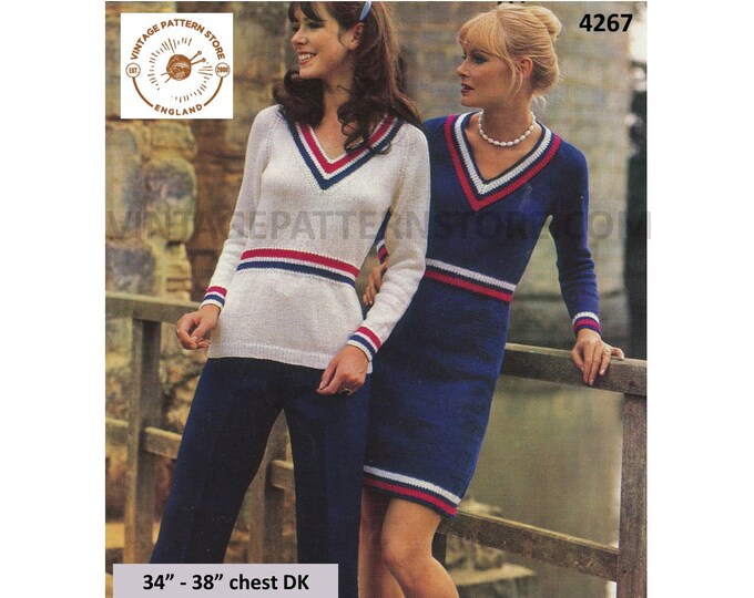 Ladies Womens 70s vintage DK V neck 3 colour raglan sweater & long sleeve midi sweater dress pdf knitting pattern 34" to 38" Download 4267