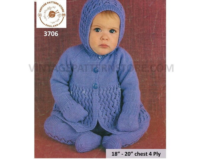 Baby Babies 80s vintage 4 ply layette pram set with jacket pixie bonnet leggings and mittens pdf knitting pattern 18" to 20" Download 3706