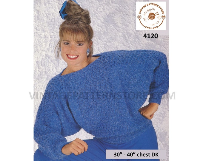 Ladies Womens 90s easy to knit slash neck saddle shoulder DK batwing sweater jumper pdf knitting pattern 30" to 40" Instant Download 4120