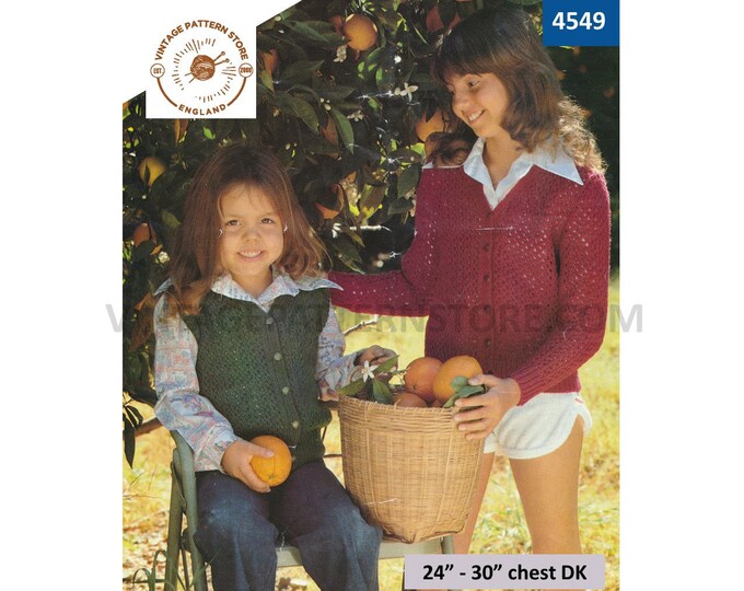 Girls 80s vintage easy to knit DK V neck lacy raglan cardigan & sleeveless cardigan waistcoat pdf knitting pattern 24" to 30" Download 4549