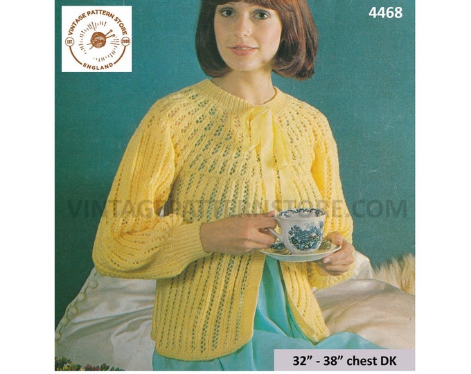 Ladies Womens 70s vintage DK round neck lacy rib ribbed raglan bed jacket bedjacket pdf knitting pattern 32" to 38" PDF Download 4468