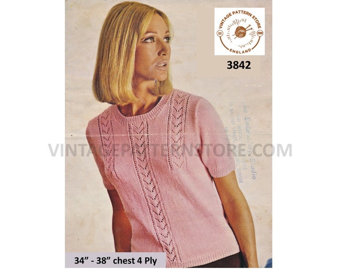 Womens Ladies 70s eyelet lace panel lacy round neck short sleeve 4 ply Summer sweater jumper pdf knitting pattern 34" to 38" Download 3842