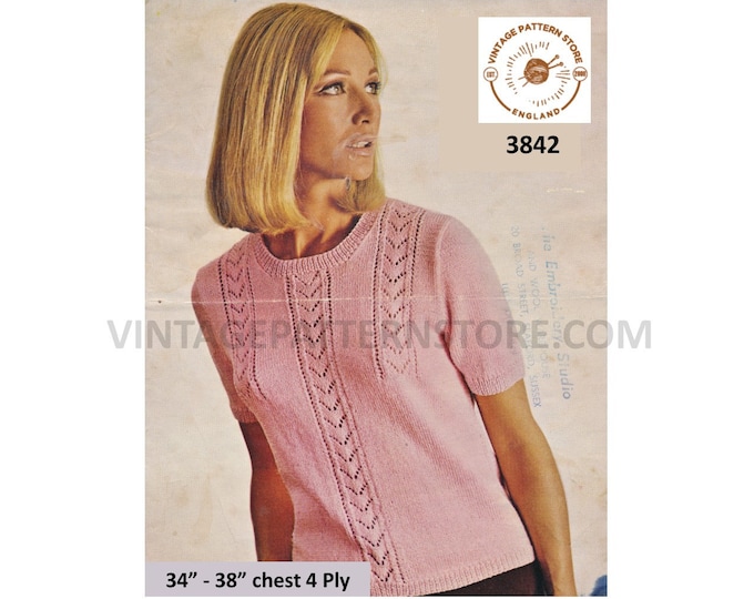 Womens Ladies 70s eyelet lace panel lacy round neck short sleeve 4 ply Summer sweater jumper pdf knitting pattern 34" to 38" Download 3842