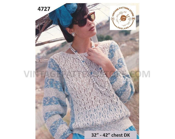 Womens 90s DK round neck diamond eyelet lace lacy drop shoulder striped dolman sweater jumper pdf knitting pattern 32" to 42" Download 4727