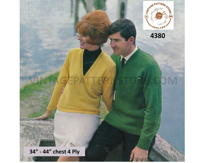 Ladies Womens Mens 70s vintage plain and simple easy to knit 4 ply raglan sweater jumper pdf knitting pattern 34" to 44" chest Download 4380