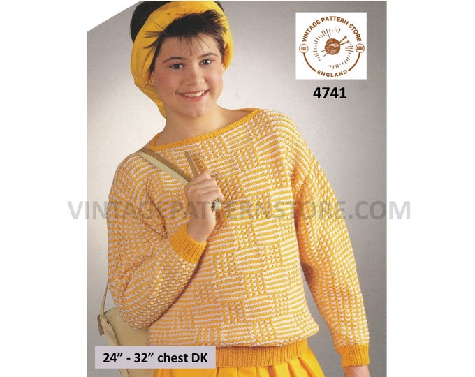 Girls Ladies Womens 90s DK slash neck check and stripe drop shoulder dolman sweater jumper pdf knitting pattern 24" to 32" PDF Download 4741