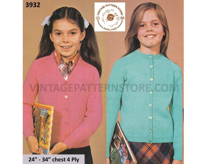 Girls 70s vintage plain & simple easy to knit V or round neck 4 ply raglan cardigan pdf knitting pattern 24" to 34" chest PDF download 3932