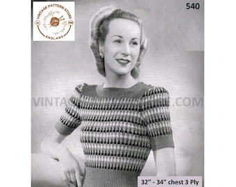 40s Vintage Fair Isle Sweater Knitting Pattern, Short Sleeve Jumper (32-34" Bust) (PDF Pattern)