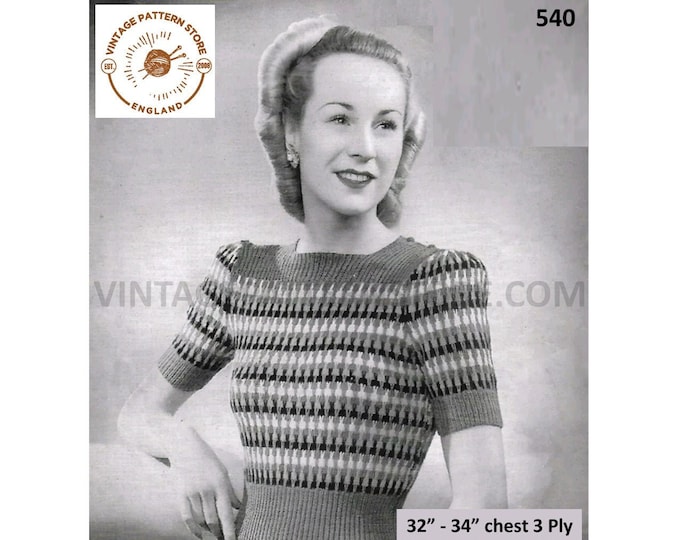 Ladies Womens 40s vintage 3 ply square neck fair isle banded short sleeve Summer sweater jumper pdf knitting pattern 32" to 34" Download 540