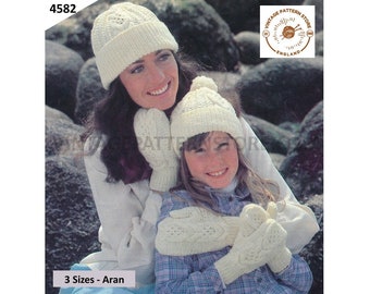Mother and Daughter Womens Girls 80s vintage classic style cable cabled aran toque hat and mittens pdf knitting pattern PDF Download 4582