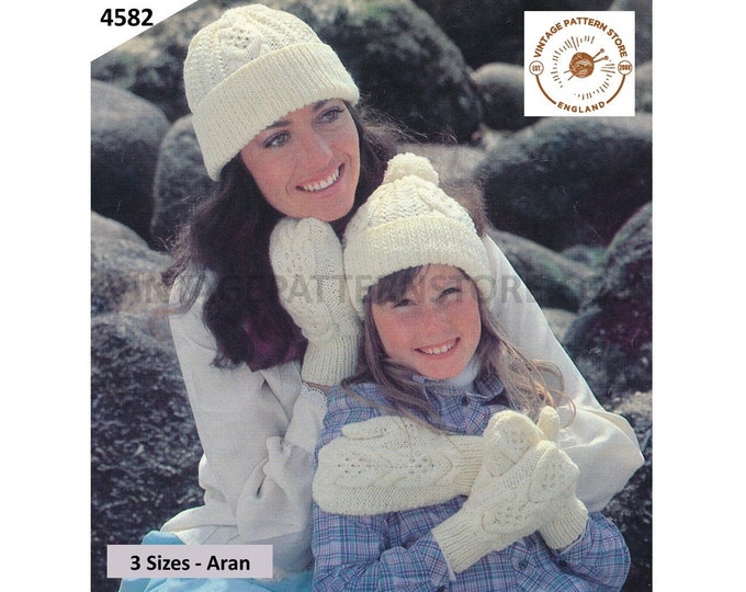 Mother and Daughter Womens Girls 80s vintage classic style cable cabled aran toque hat and mittens pdf knitting pattern PDF Download 4582
