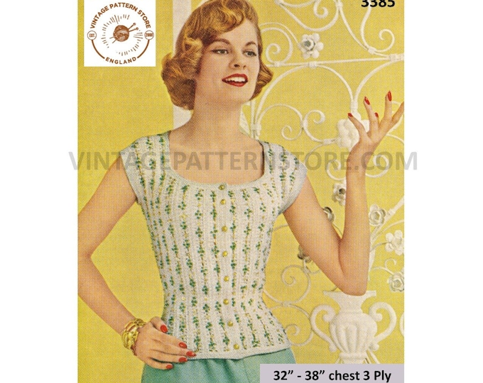 Ladies Womens 50s vintage 3 ply square neck cap sleeve cardigan waistcoat evening top pdf crochet pattern 32" to 38" Download 3385