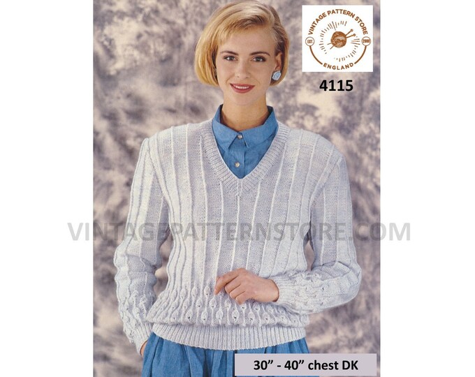 Ladies Womens 90s V neck ridge cable cabled striped raglan DK sweater jumper pdf knitting pattern 30" to 40" Instant PDF download 4115