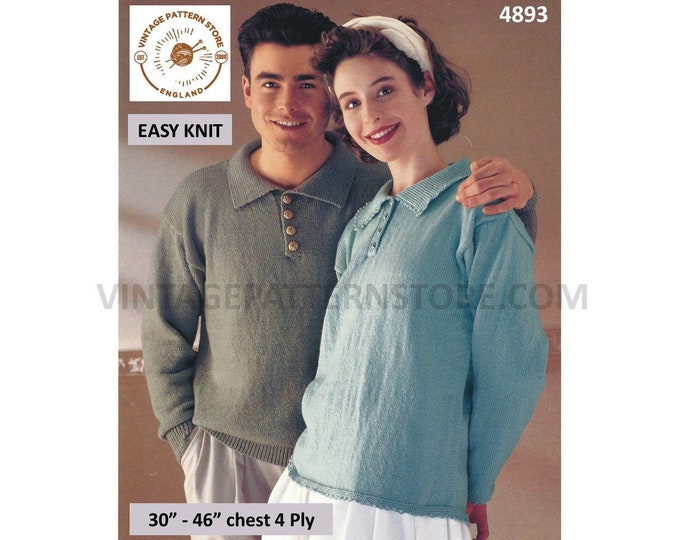 Womens Mens 90s easy to knit 4 ply collared shirt neck drop shoulder dolman sweater jumper pdf knitting pattern 30" to 46" Download 4893