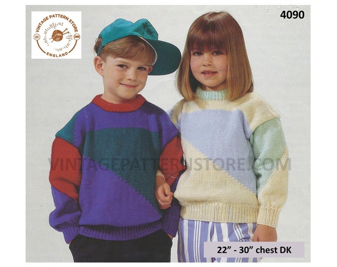 Boys Girls Toddlers 90s crew neck drop shoulder colour block geometric DK dolman sweater pdf knitting pattern 22" to 30" download 4090