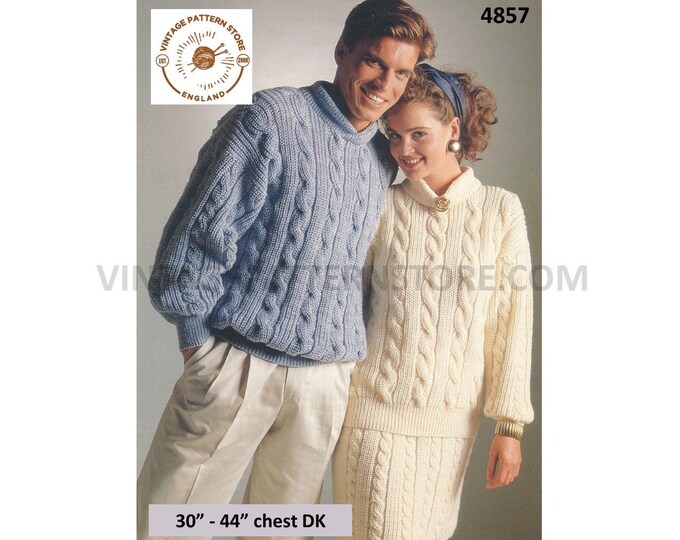 Womens Mens Mans 90s DK round neck drop shoulder cable cabled dolman sweater jumper and skirt pdf knitting pattern 30" to 44" Download 4857