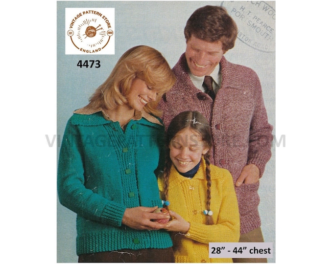 Ladies Womens Mens Boys Girls 70s Family easy to knit collared worsted raglan cardigan jacket pdf knitting pattern 28" to 44" Download 4473