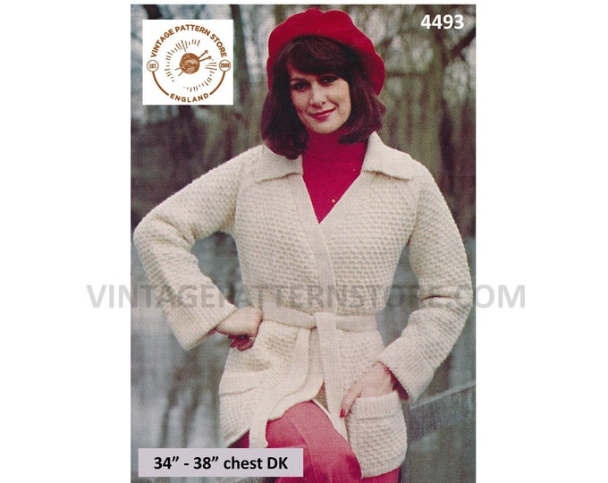 Ladies Womens 70s vintage DK V neck crossover textured collared belted raglan jacket coat pdf knitting pattern 34" to 38" Download 4493