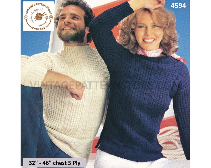 Ladies Womens Mens Mans 80s vintage 5 ply crew neck textured raglan sweater jumper pdf knitting pattern 32" to 46" Instant Download 4594