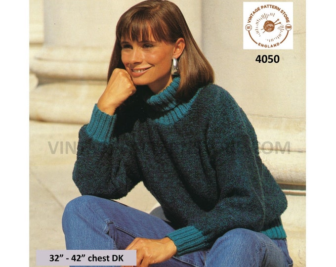 Ladies Womens 90s simple and easy to knit polo neck drop shoulder dolman DK sweater jumper pdf knitting pattern 32" to 42" PDF download 4050