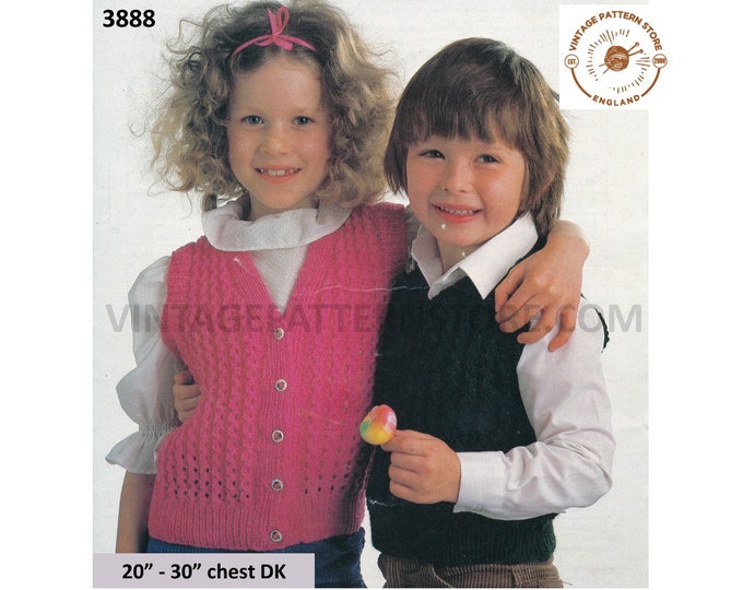 Girls Boys 90s V neck cable ribbed DK waistcoat & sleeveless slipover sweater vest pdf knitting pattern 20" to 30" chest PDF download 3888