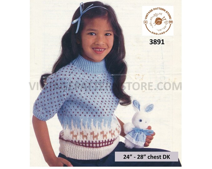 Girls 90s crew neck short sleeve spotty dog intarsia motif raglan DK sweater jumper pdf knitting pattern 24" to 28" chest PDF download 3891