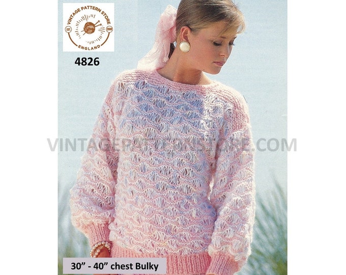 Ladies Womens 90s Bulky knit round neck string lace lacy drop shoulder dolman sweater jumper pdf knitting pattern 30" to 40" Download 4826